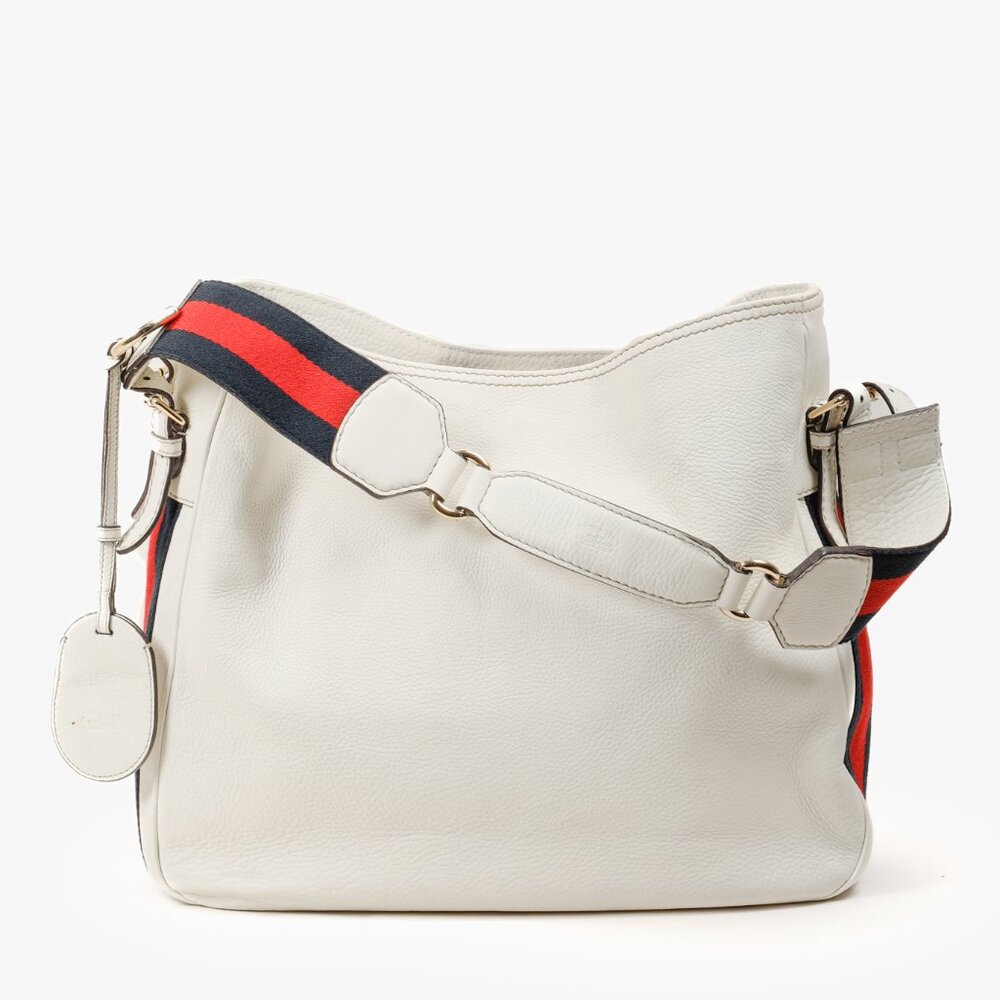 Gucci Sherry White Leather Striped Hobo